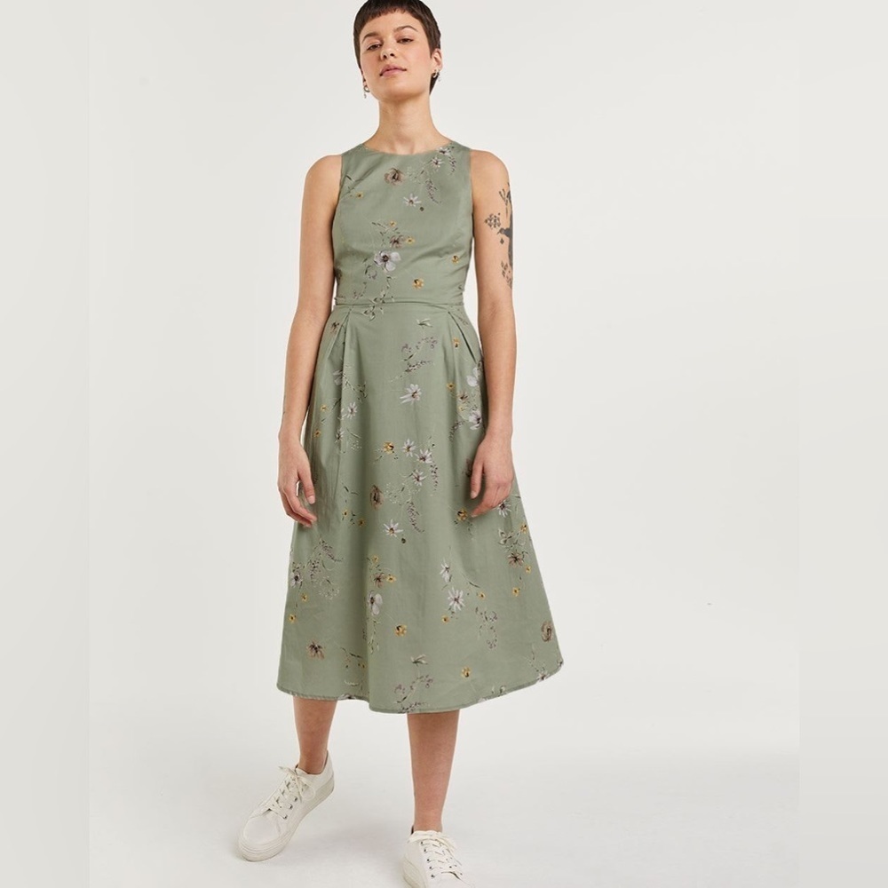 Sleeveless Sage Green Floral Midi Dress